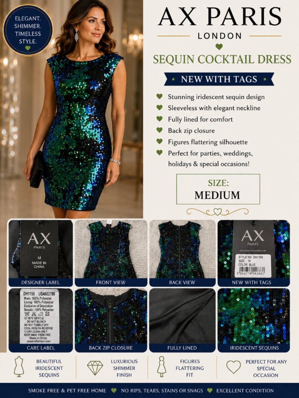 AX Paris Iridescent Sequin Cocktail Dress NWT | US 10 / UK 14 | Party Dress